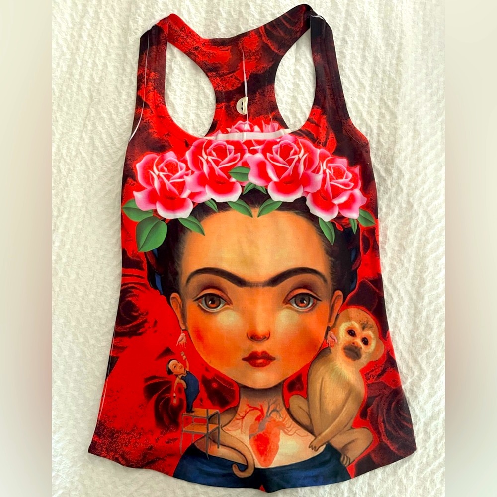 Frida Red Artistic Tank Top with Floral Design